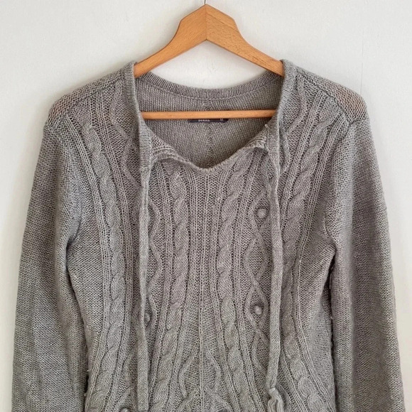 Prana Gray wool blend Cable Knit Wool Blend Fringe knit long sleeve Sweater top - Picture 3 of 10